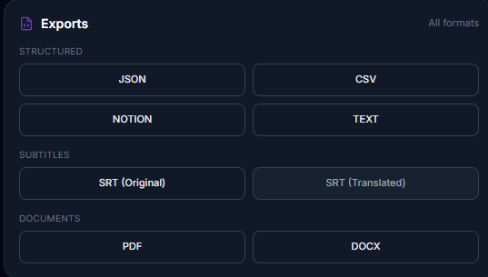 Export panel offering SRT, VTT, PDF, DOCX, JSON, CSV and Notion