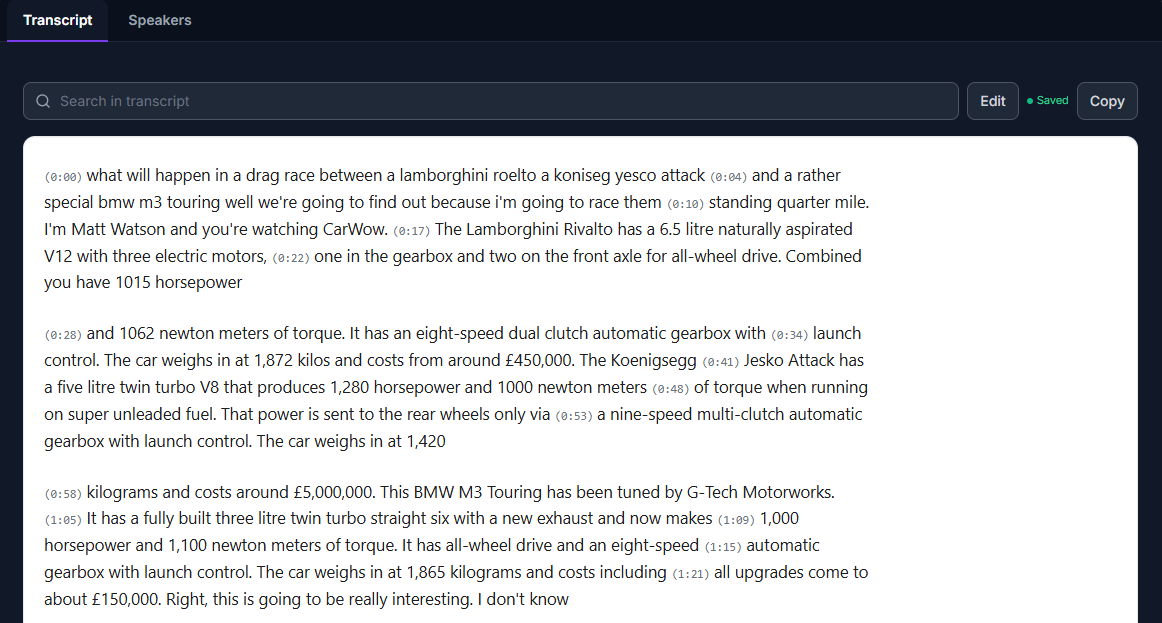Transcript view with [HH:MM:SS] timestamps on every line
