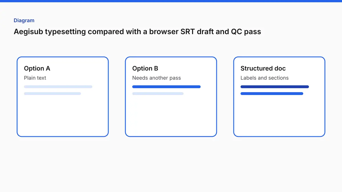 Aegisub typesetting compared with a browser SRT draft and QC pass