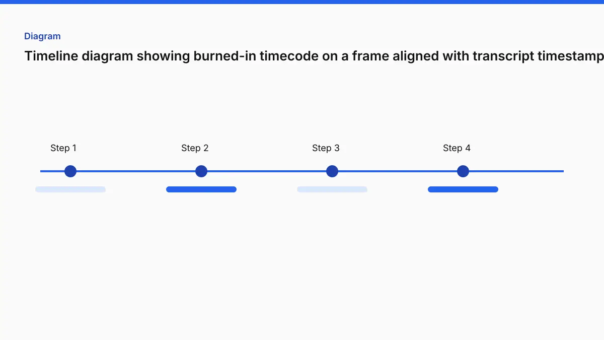 Timeline diagram showing burned-in timecode on a frame aligned with transcript timestamps