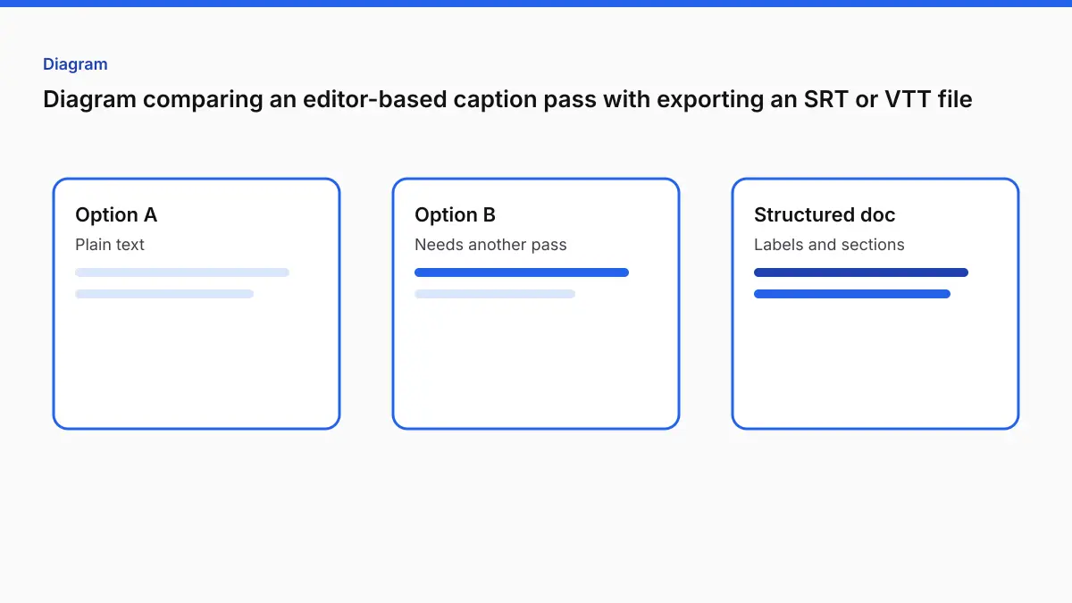 Diagram comparing an editor-based caption pass with exporting an SRT or VTT file