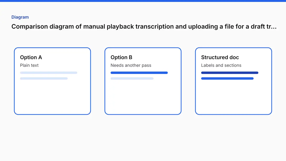 Comparison diagram of manual playback transcription and uploading a file for a draft transcript