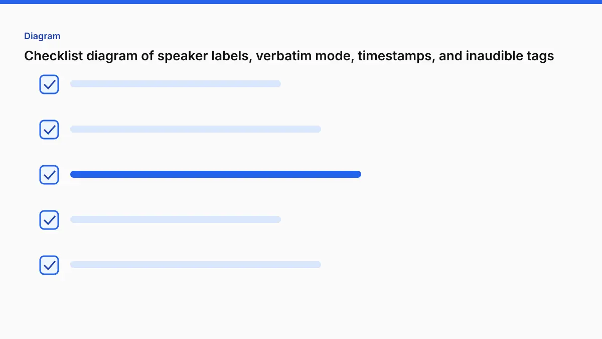 Checklist diagram of speaker labels, verbatim mode, timestamps, and inaudible tags