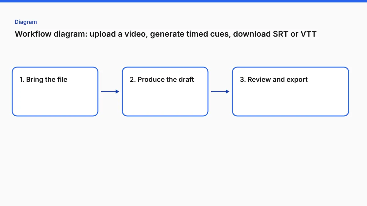 Workflow diagram: upload a video, generate timed cues, download SRT or VTT