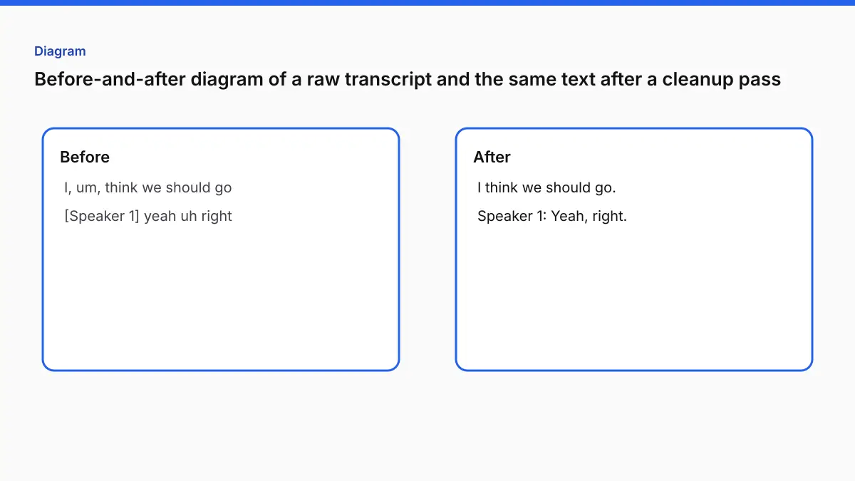 Before-and-after diagram of a raw transcript and the same text after a cleanup pass