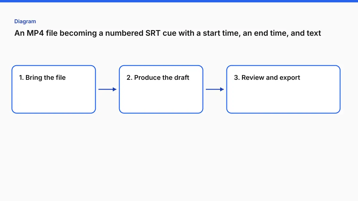 An MP4 file becoming a numbered SRT cue with a start time, an end time, and text