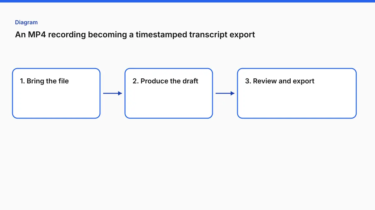An MP4 recording becoming a timestamped transcript export