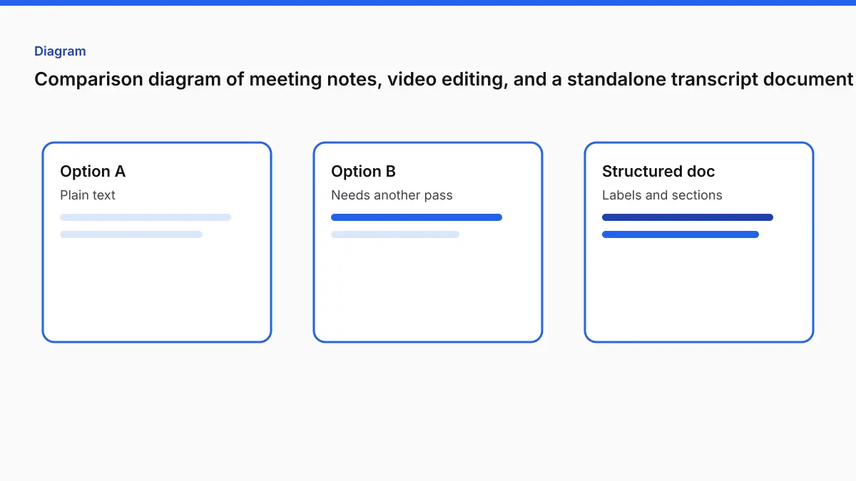 Comparison diagram of meeting notes, video editing, and a standalone transcript document