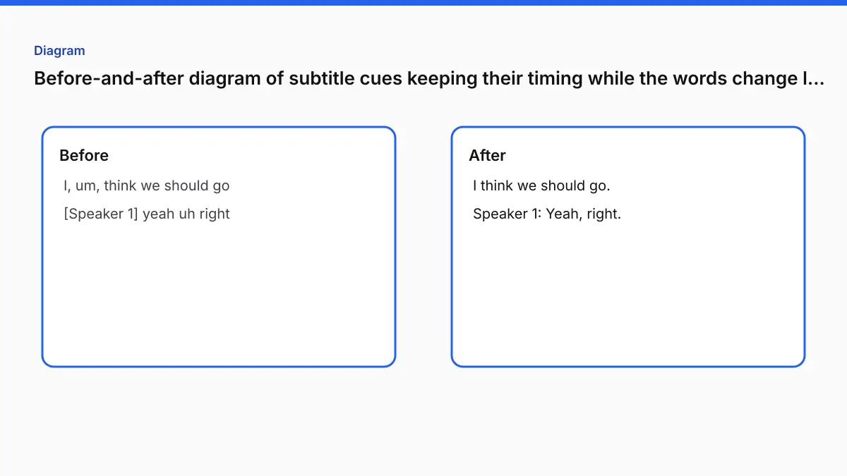Before-and-after diagram of subtitle cues keeping their timing while the words change language