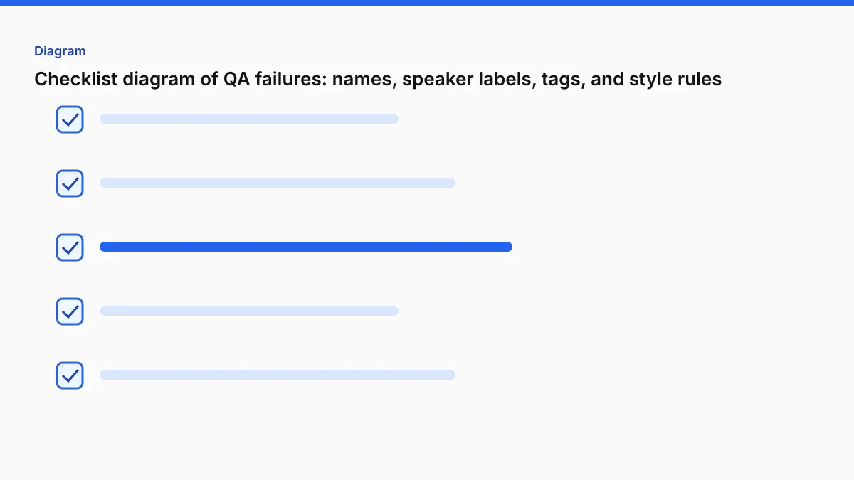 Checklist diagram of QA failures: names, speaker labels, tags, and style rules