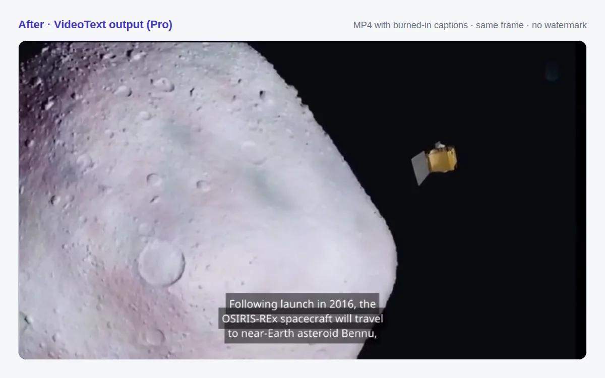 The same video frame with subtitles burned into the picture by VideoText, no watermark