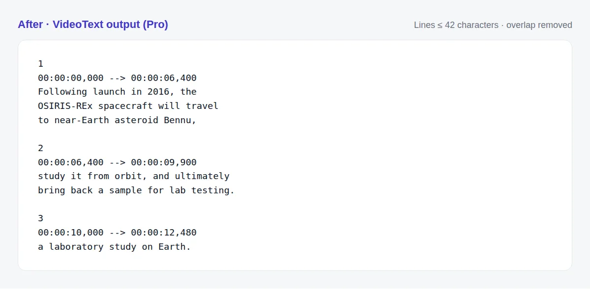 Fixed SRT file: long lines wrapped to 42 characters or fewer and the overlap between cues 2 and 3 removed