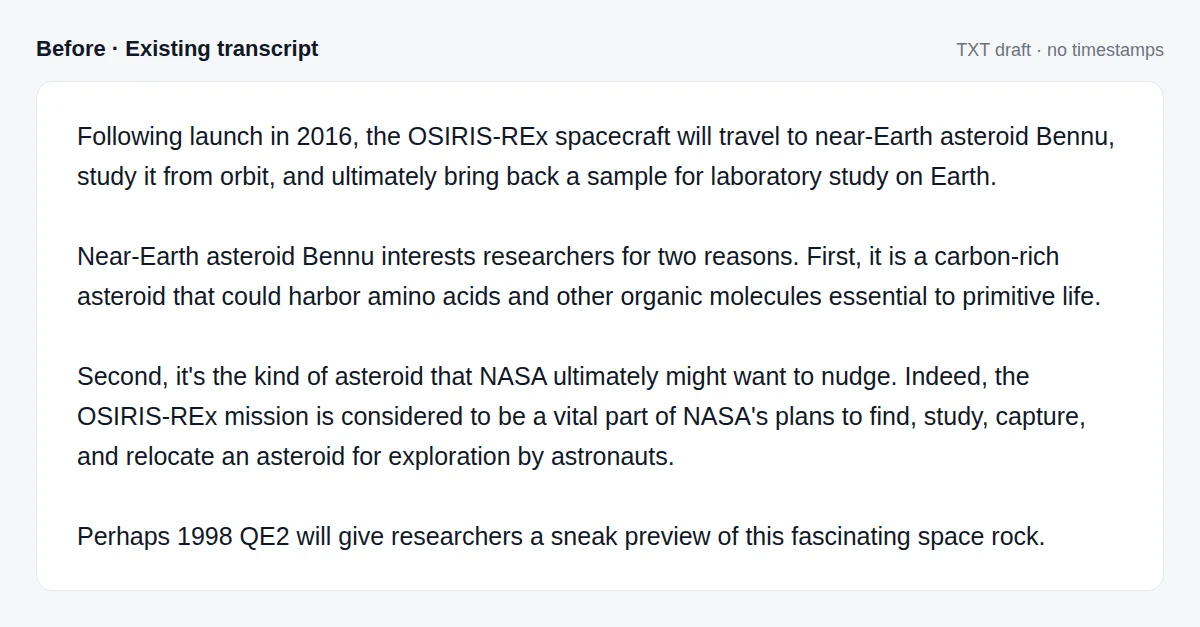 Existing transcript draft in four paragraphs with no timestamps