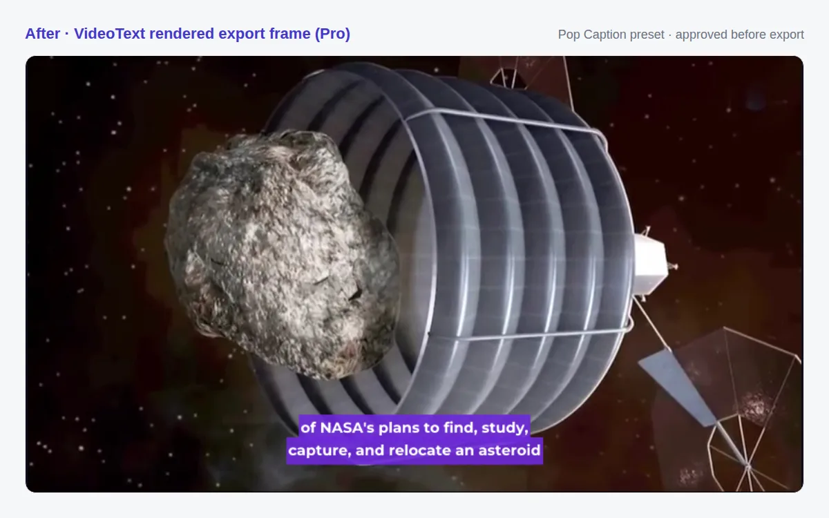 The same frame rendered with the Pop Caption preset: bold white text on a blue caption box