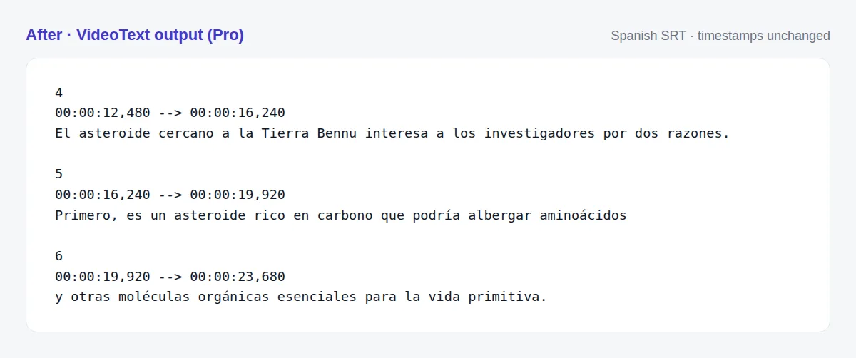 Spanish SRT translated by VideoText, cues 4 to 6 with the same timestamps as the English file