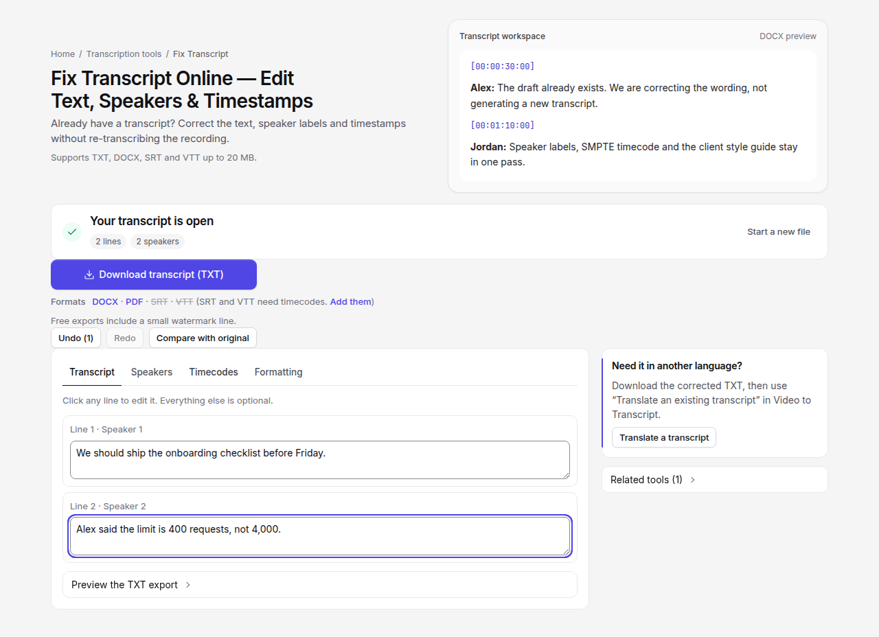 Fix Transcript workspace after a line edit. Download transcript (TXT) is available. SRT and VTT stay unavailable until the file has timecodes.