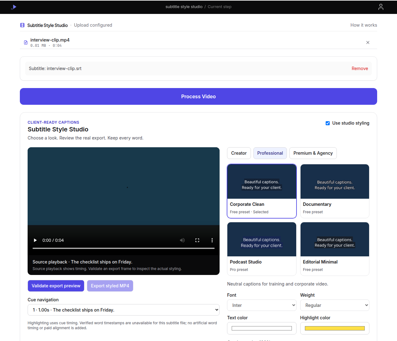 Subtitle Style Studio with a video and SRT loaded. Use studio styling is on. Corporate Clean, a free preset, is selected. Validate export preview is available, and Export styled MP4 waits for an approved frame.