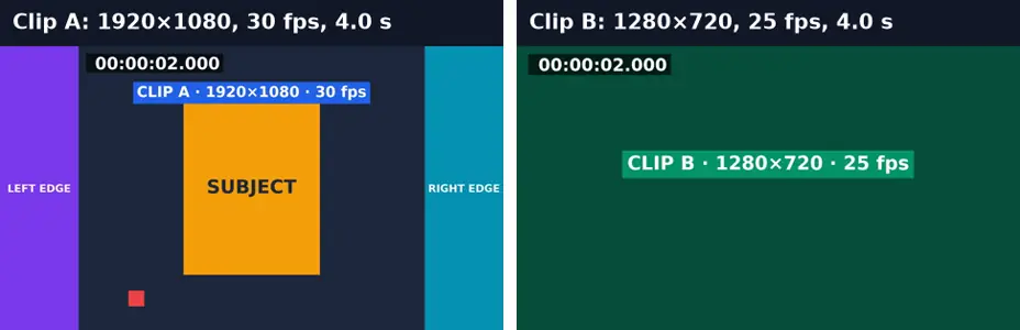 Clip A at 1920×1080 30 fps and clip B at 1280×720 25 fps, both 4 seconds