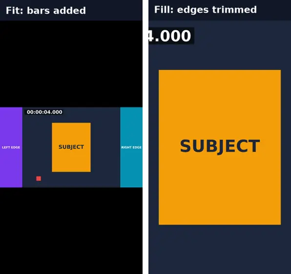 Two 1080×1920 frames: Fit shows the whole picture with black bars above and below; Fill shows the subject filling the frame with the edges trimmed